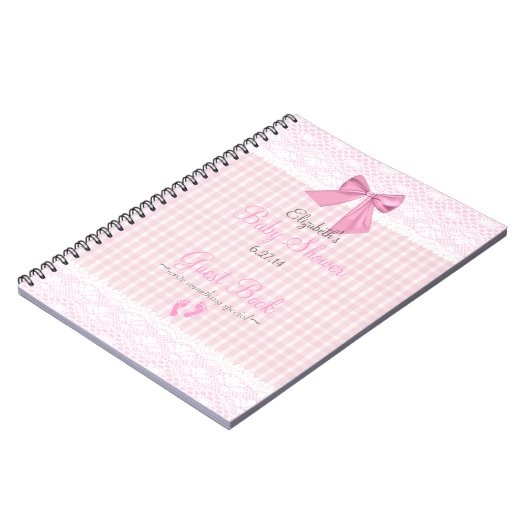 弓およびレースのイメージのピンクのベビーシャワーの来客名簿 ノートブック (左側)