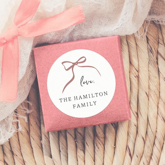 弓お洒落手描き赤いリボン"愛" ラウンドシール