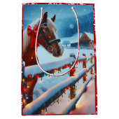 弓かわいらしクリスマス付き茶色の馬パーソナライズされた ミディアムペーパーバッグ (正面)