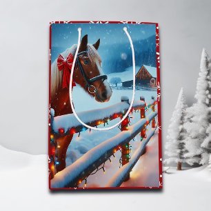 弓かわいらしクリスマス付き茶色の馬パーソナライズされた ミディアムペーパーバッグ