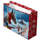 弓かわいらしクリスマス付き茶色の馬パーソナライズされた ラージペーパーバッグ (正面アングル)