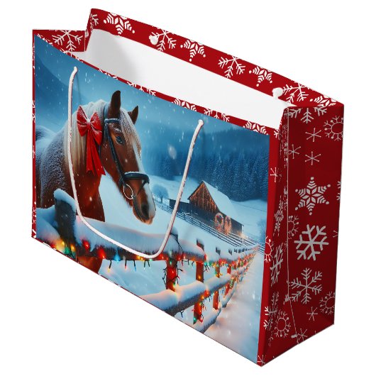 弓かわいらしクリスマス付き茶色の馬パーソナライズされた ラージペーパーバッグ (正面アングル)