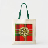 弓が付いているクリスマスのタータンチェックのバッグ トートバッグ (正面)