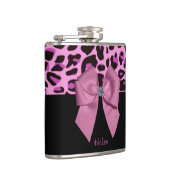 弓が付いているピンクのヒョウのプリント フラスク (右)