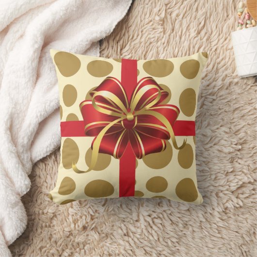 弓が付いているモダンなクリスマス枕、クリーム及び金ゴールドの水玉模様 クッション (ブランケット)