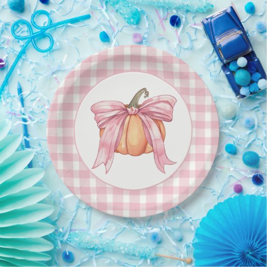 弓で結んだピンクのギンガムカボチャ ペーパープレート (パーティー)