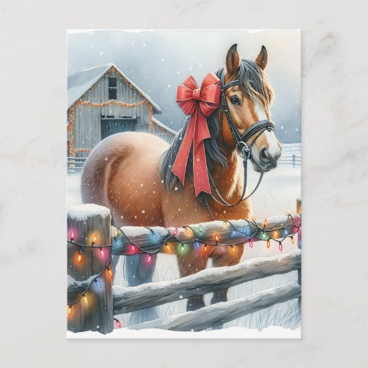 弓とかわいらし納屋のクリスマスを持つ茶色の馬 ポストカード (正面)