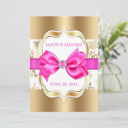 弓との花のダマスク織の結婚式の招待[金ゴールド及びピンク] 招待状 (スタンド正面)
