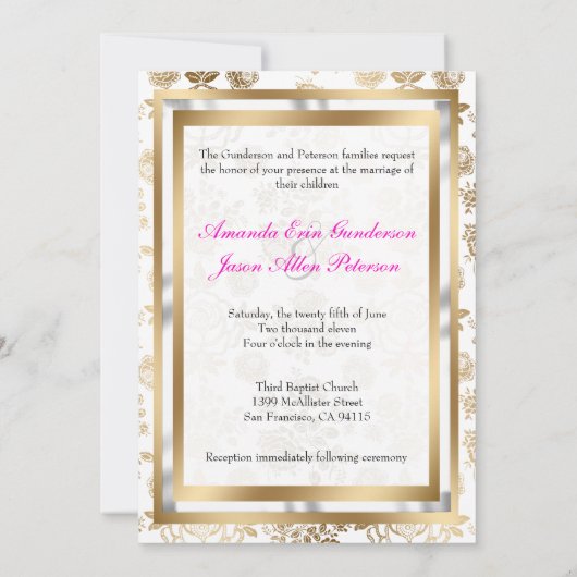 弓との花のダマスク織の結婚式の招待[金ゴールド及びピンク] 招待状 (裏面)