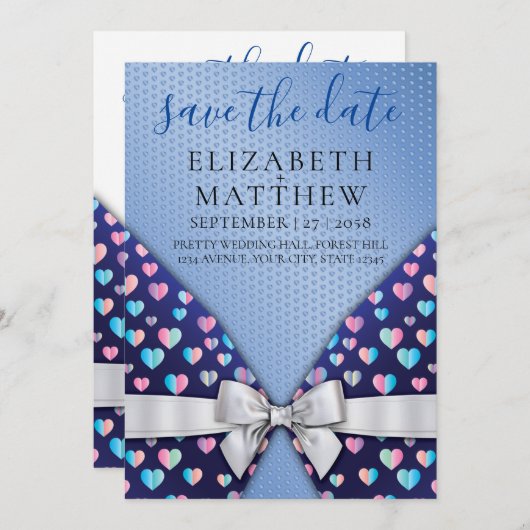 弓とエレガントハート斑点のある招待状 招待状 (正面/裏面)