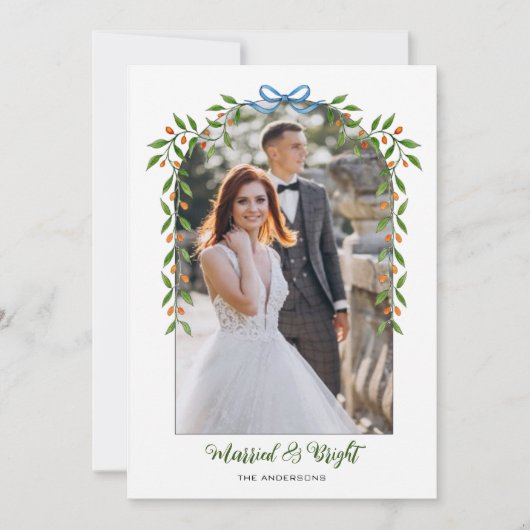 弓とガーランドのアーチ新しい写結婚真 案内状 (正面)