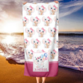 弓とガーリー風船の模様を持つピンクの象 ビーチタオル