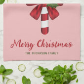 弓とクリスマスホリー付きキャンディーケーン&文字 キッチンタオル (折り畳み)