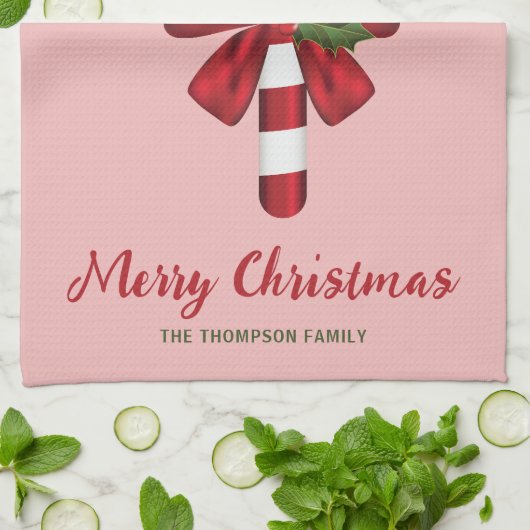 弓とクリスマスホリー付きキャンディーケーン&文字 キッチンタオル (折り畳み)