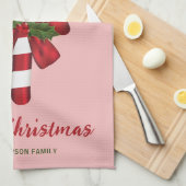 弓とクリスマスホリー付きキャンディーケーン&文字 キッチンタオル (四つ折り)