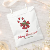 弓とクリスマスホリー付きキャンディーケーン&文字 フェイバーバッグ (クリップ留めされた状態)