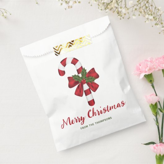 弓とクリスマスホリー付きキャンディーケーン&文字 フェイバーバッグ (封をした状態)