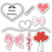 弓とパーソナライズされたハート誕生日シール シール (正面)