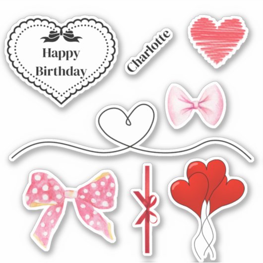弓とパーソナライズされたハート誕生日シール シール (正面)