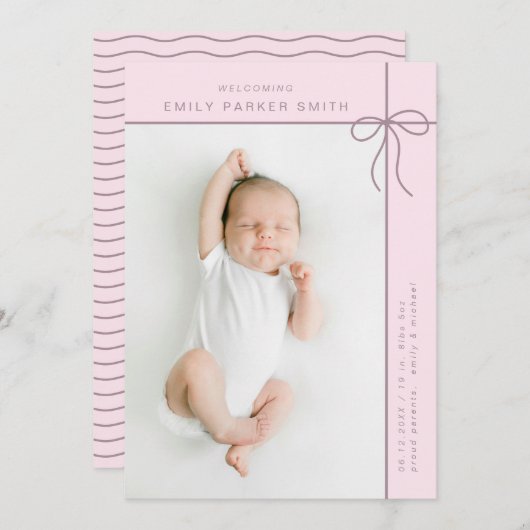 弓とラインかわいいポートレート独身のフォトカード 案内状 (正面/裏面)