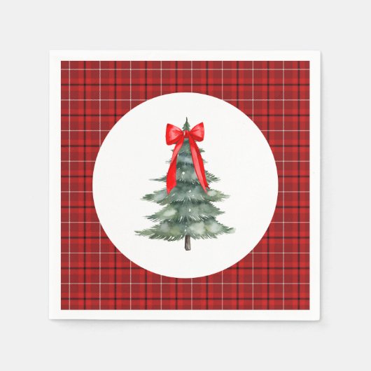 弓と格子付きクリスマスツリー スタンダードカクテルナプキン (正面)