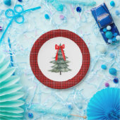 弓と格子付きクリスマスツリー ペーパープレート (パーティー)