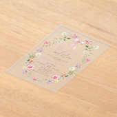 弓と開花ワイルドフラワーピンク弓ベビーシャワー アクリル招待状 (レイダウン)