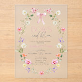 弓と開花ワイルドフラワーピンク弓ベビーシャワー アクリル招待状 (正面)
