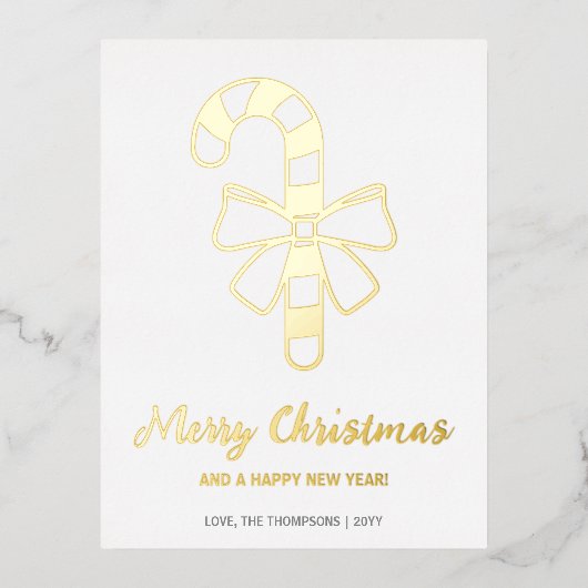 弓のクリスマスを持つミニマルなキャンディーケーンの形 箔シーズンポストカード (正面)