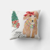 弓のクリスマスを持つ座っている犬 クッション (裏面)