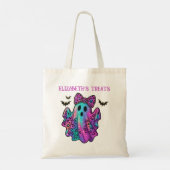 弓のトリックまたはトリートを持つピンクと紫の女の子の幽霊 トートバッグ (裏面)