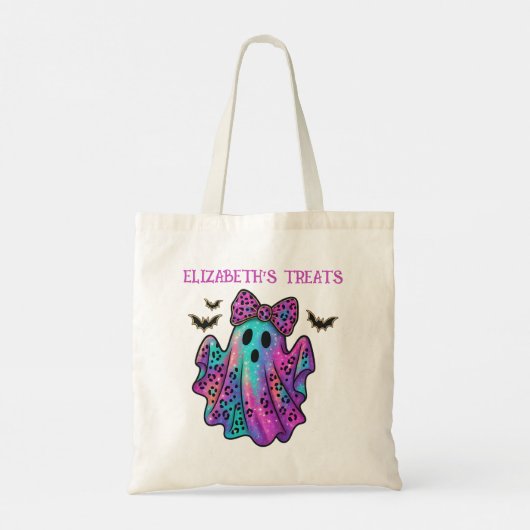 弓のトリックまたはトリートを持つピンクと紫の女の子の幽霊 トートバッグ (裏面)