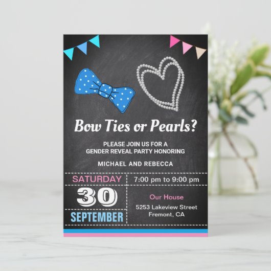 弓のネクタイまたは真珠の性別の表示パーティー 招待状 (スタンド正面)