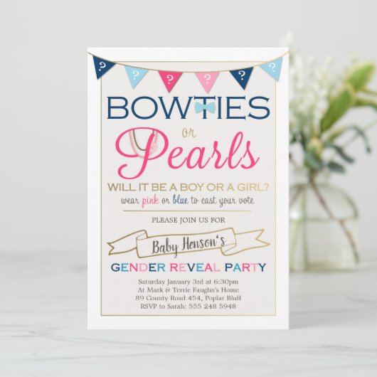 弓のネクタイまたは真珠ジェンダーの明らかにするパーティの招待状 招待状 (スタンド正面)