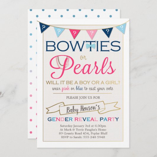 弓のネクタイまたは真珠ジェンダーの明らかにするパーティの招待状 招待状 (正面/裏面)