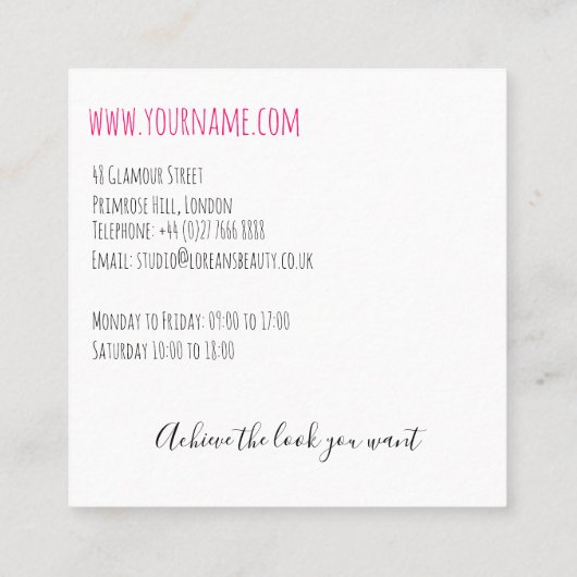 弓のヘアスタイリング付き長い波状の髪のブランディング スクエア名刺 (裏面)