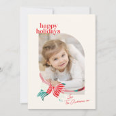 弓の家族の写真で結ばれた緑と赤の格子模様 シーズンカード (正面)