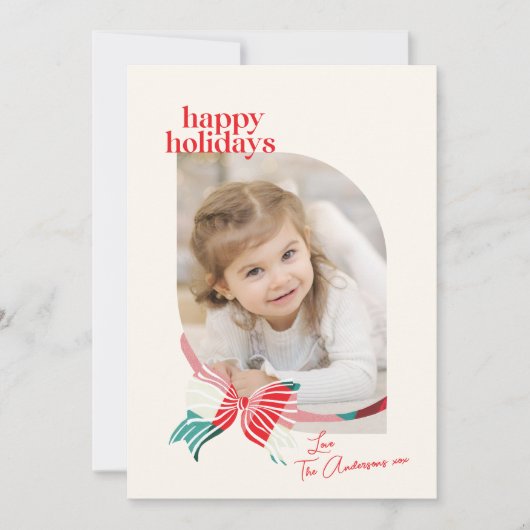 弓の家族の写真で結ばれた緑と赤の格子模様 シーズンカード (正面)