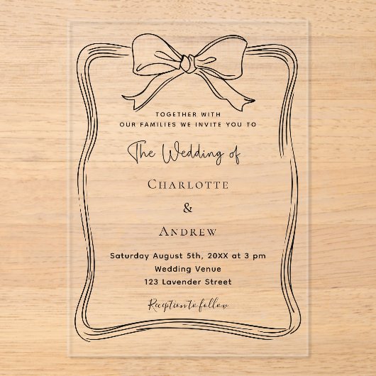 弓の手を引いた黒い澄ん結婚の アクリル招待状 (正面)