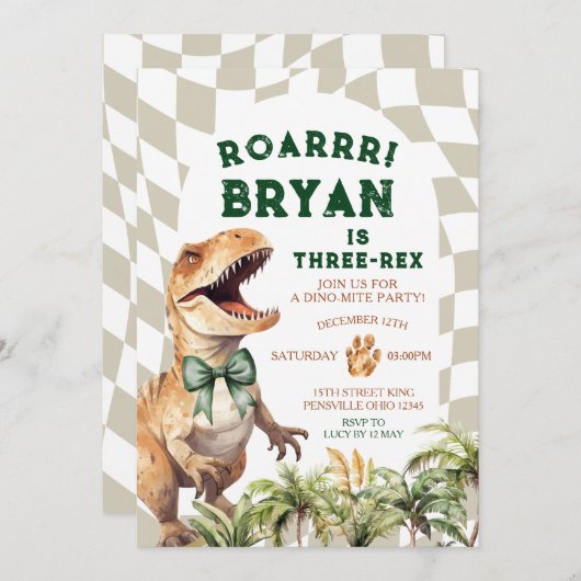 弓の水彩誕生日付き轟音ヴィンテージ恐竜 招待状 (正面/裏面)