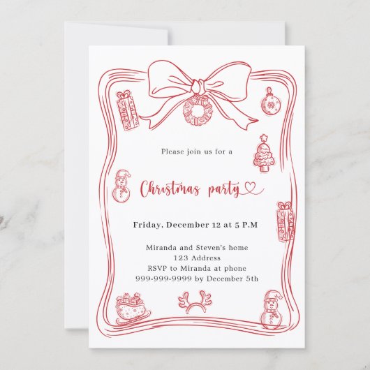 弓の赤い手で引かれたクリスマスパーティー 招待状 (正面)