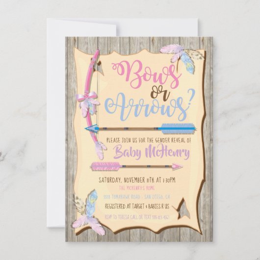 弓または矢印ジェンダーが赤ちゃんシャワーを明らかにする 招待状 (正面)
