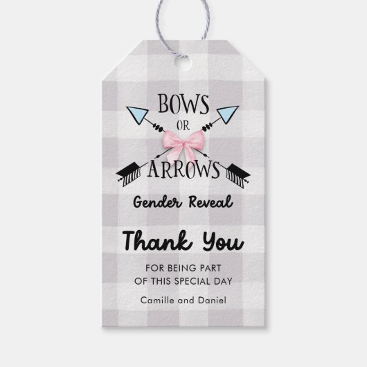 弓または矢印ジェンダー赤ちゃんシャワーを表示ありがとう ギフトタグ (正面)