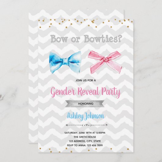弓またはbowtiesの性は招待を明らかにします 招待状 (正面/裏面)