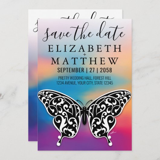 弓エレガントとハート斑点のある招待状車 招待状 (正面/裏面)