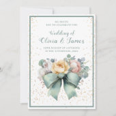 弓エレガント付き水色フローラ結婚 招待状 (正面)