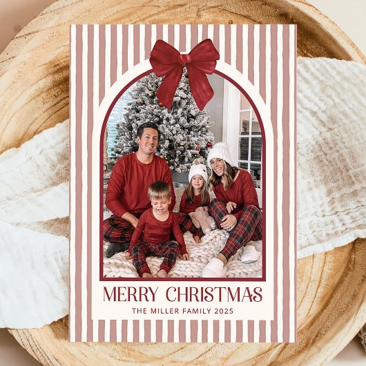 弓ストライプ家族写真クリスマスカード シーズンカード