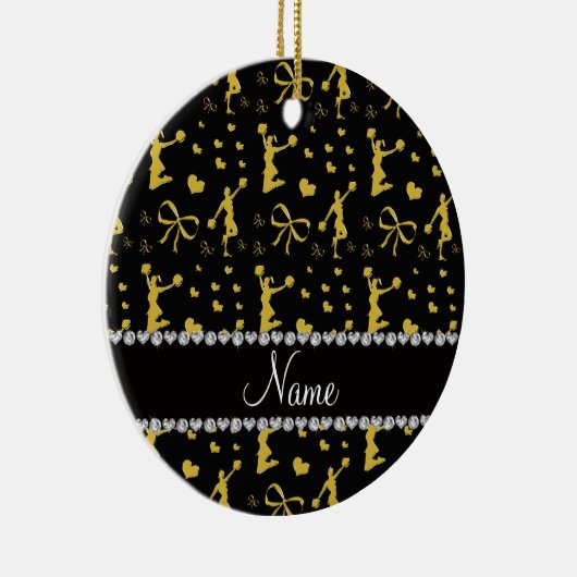 弓ハートのチアリーダーをする名前をカスタムするの黒い金ゴールド セラミックオーナメント (右)