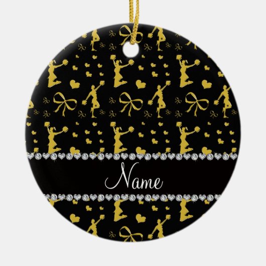 弓ハートのチアリーダーをする名前をカスタムするの黒い金ゴールド セラミックオーナメント (正面)