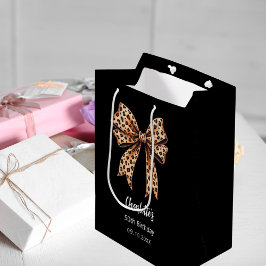 弓ヒョウ柄ブラックバースデーパーティー ミディアムペーパーバッグ